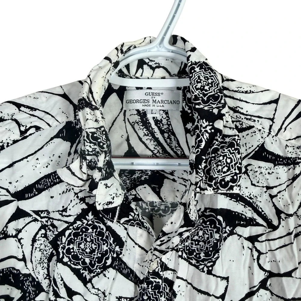 Vintage Guess Georges Marciano Button Up Shirt Mens L White Black Floral Rayon